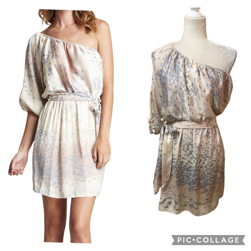 Rebecca Taylor Pastel Pink & Blue One Shoulder Waist Tie Mini Satin Silky Dress